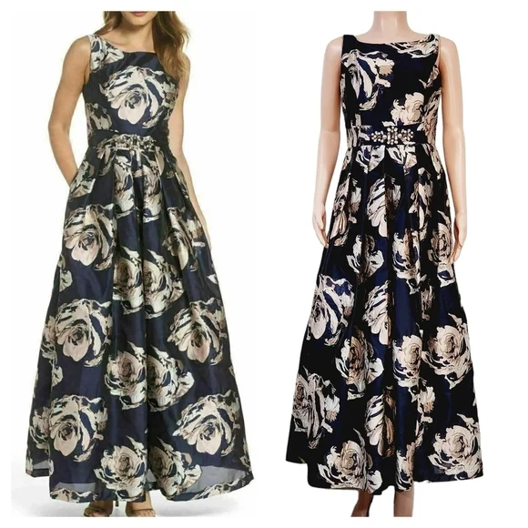 Eliza J Embellished Floral Ballgown Dress Navy Multi Size 10 - Picture 2 of 16